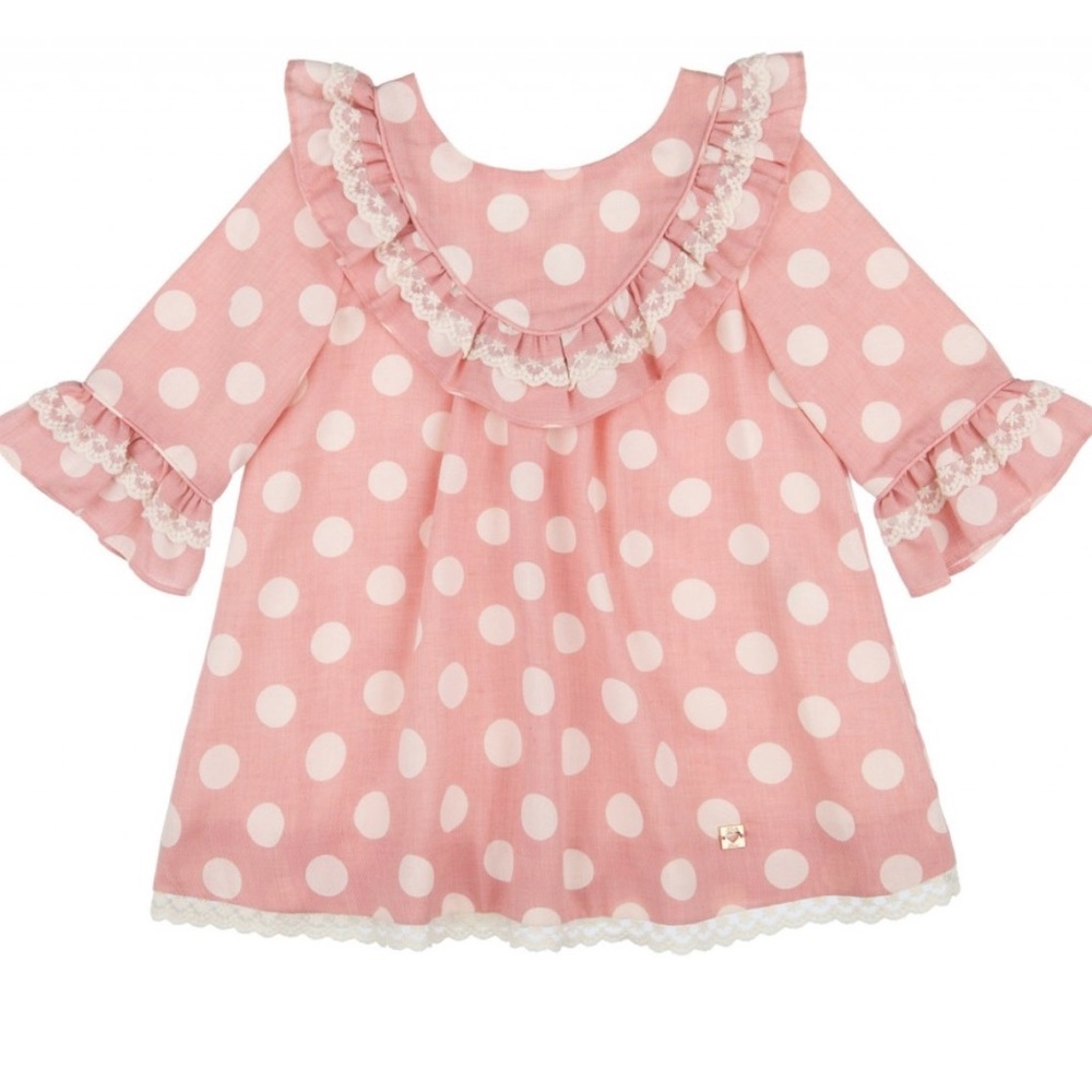 Dolce Petit GIRLS PALE PINK & IVORY SPOTTED DRESS WITH RUFFLE YOKE
